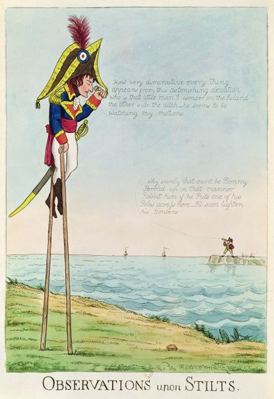 Observaties op stelten, karikatuur van Napoleon op stelten die Pitt en Engeland over het Kanaal observeert door English School
